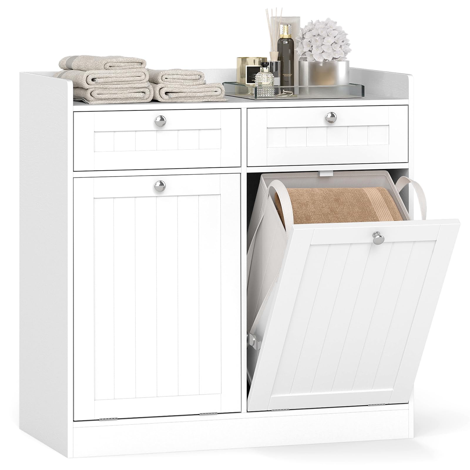 GOPLUS Mueble de Baño con Cesta de Ropa Extraíble, Armario de Almacenaje con Estante y Cajón, Puerta Abatible, Bolsa Interior con Asas, Mueble para Ropa para Baño y Lavandería (79 x 40 x 80 cm)