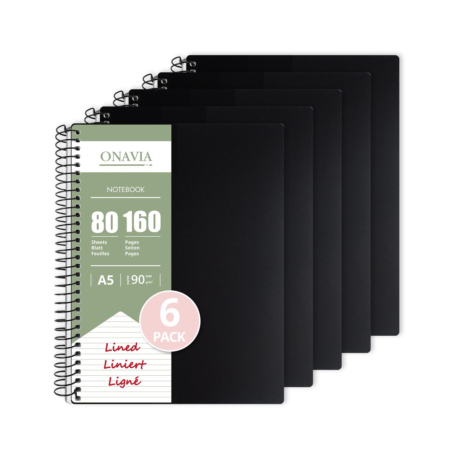 ONAVIA A5 Notebook 5 Pack, 80 Sheets, 90GSM Lined Spiral Notepad, Black