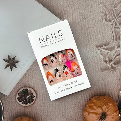 Miniatura 6 de 24 uñas de Halloween, puntas francesas, uñas acrílicas a presión, uñas postizas cortas en forma de almendra, lindas calabazas, murciélagos,