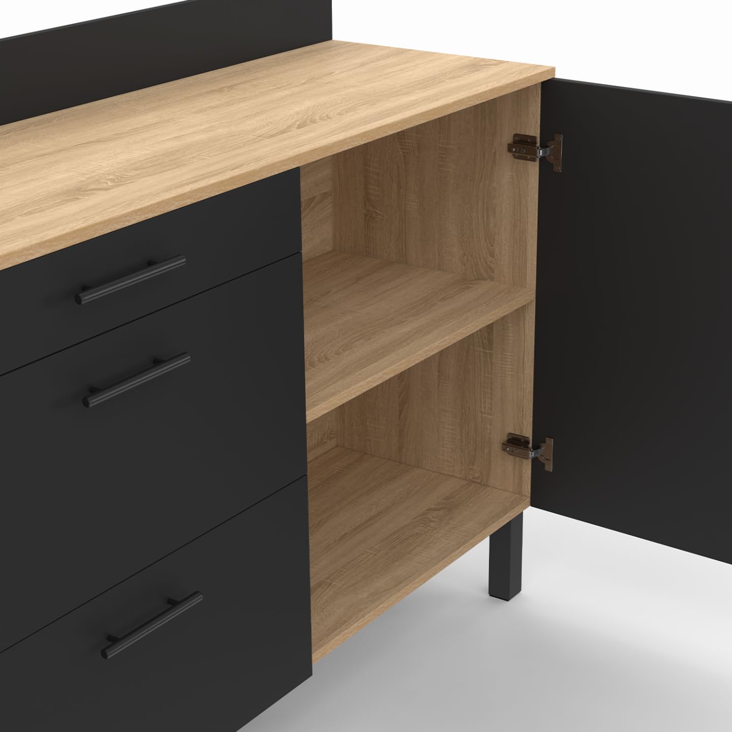 IDMarket - Buffet Bas casserolier de Cuisine 120 cm CINA Plan de Travail H.83 cm 1 Porte + 3 tiroirs façon hêtre et Noir