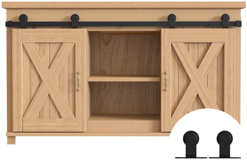 Super Mini Barn Door Hardware Kit 8ft-Double Door, Sliding Smoothly and Quietly, Used for Small Cabinet Barn Door Hardware Track Kit, Easy to Install, T Shape Hanger (NO Cabinet)