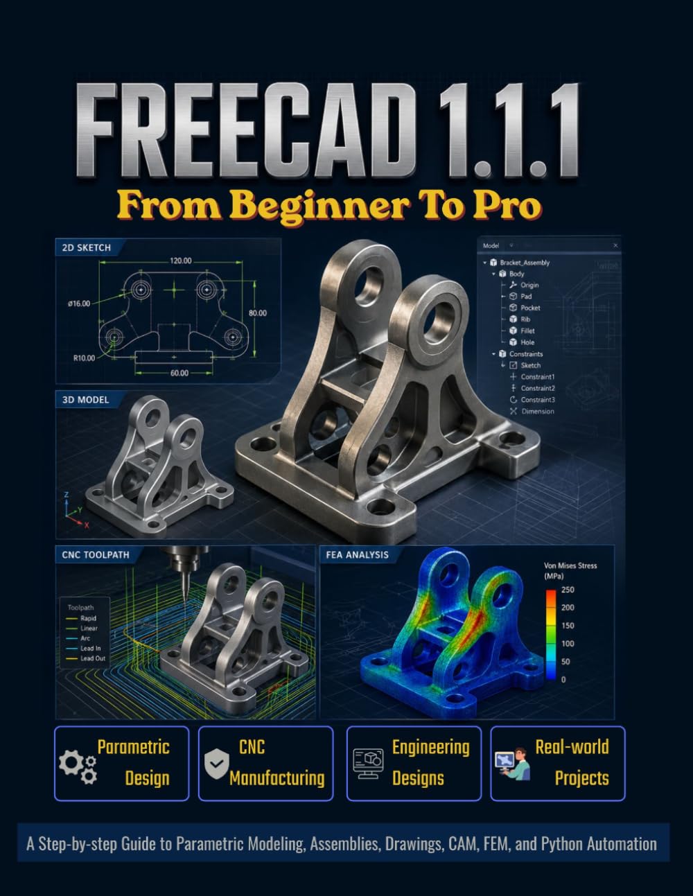 FreeCAD 1.1.1 From Beginner To Pro: A Step-by-step Guide to Parametric Modeling, Assemblies, Drawings, CAM, FEM, and Python Automation