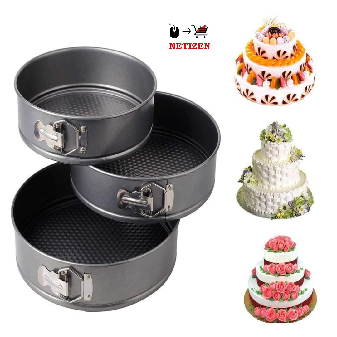 NETIZEN Carbon Steel Spring Form Cake Mould Pan Set/Baking Tray/Removable Mould Tray (Set of 3, Black)