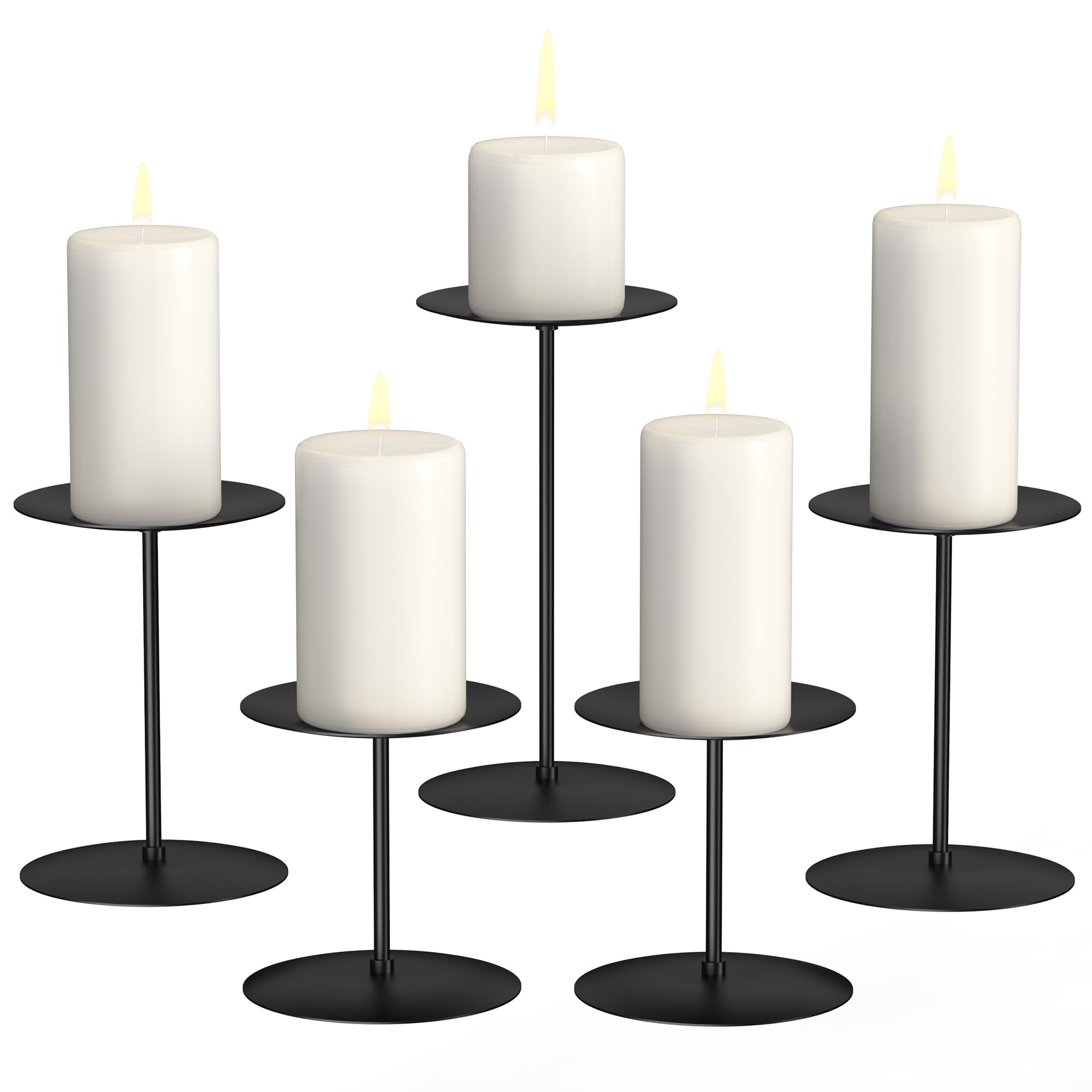 Set of 5 Black Candle Holders, Metal Candle Sticks Holder for Pillar Candles/Block Candles, Candle Stand for Table Decoration, Wedding, Halloween, Christmas, Candlelight Dinner