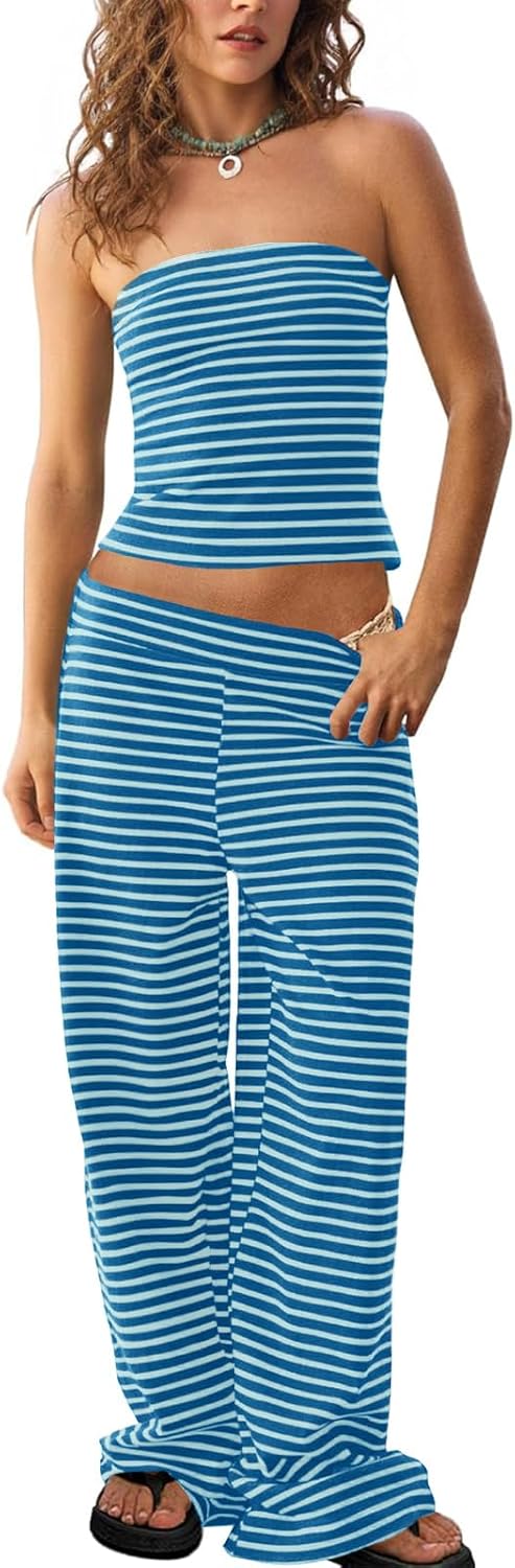 Tankaneo Womens Striped 2 Piece Sets Summer Strapless Crop Tube Tops Wide Leg Pants Matching Lounge Set Vacation Outfits