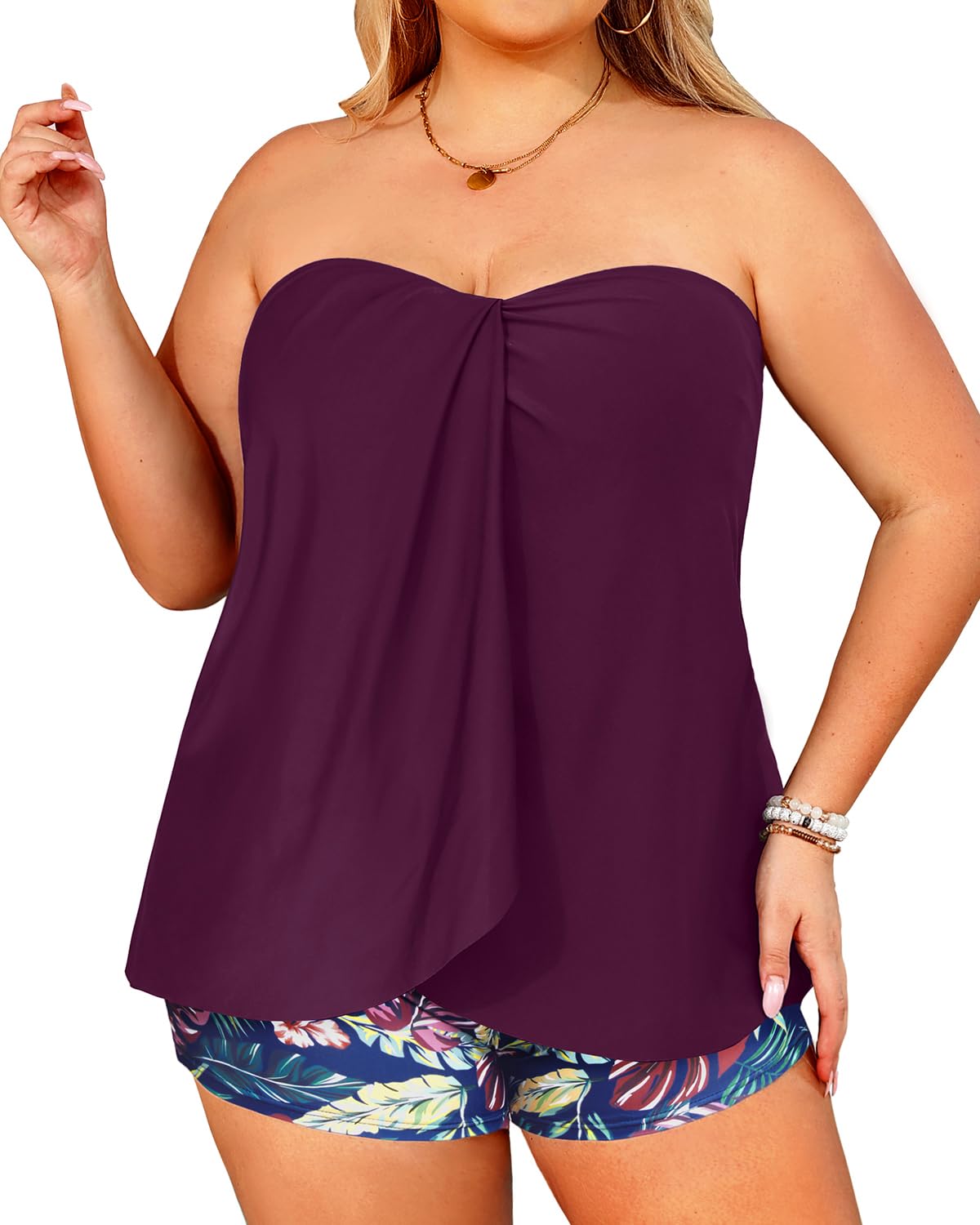 Plus Size Bandeau Tankini 2 Piece Halter Swimsuit with Shorts