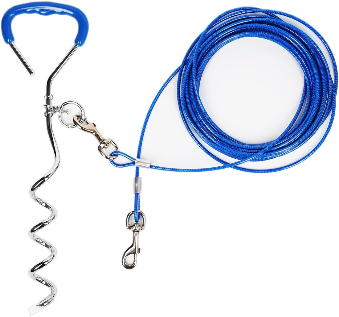 Venibobo 30ft Dog Tie Out Cable and Stake Safety Swivel Clasp Screw Stake Suit Training Play in The Yard Camping Travel Outdoor S to L…