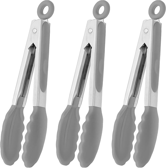 Mini Tongs with Silicone Tips 7-Inch Kitchen Tongs, Set of 3 (Black)