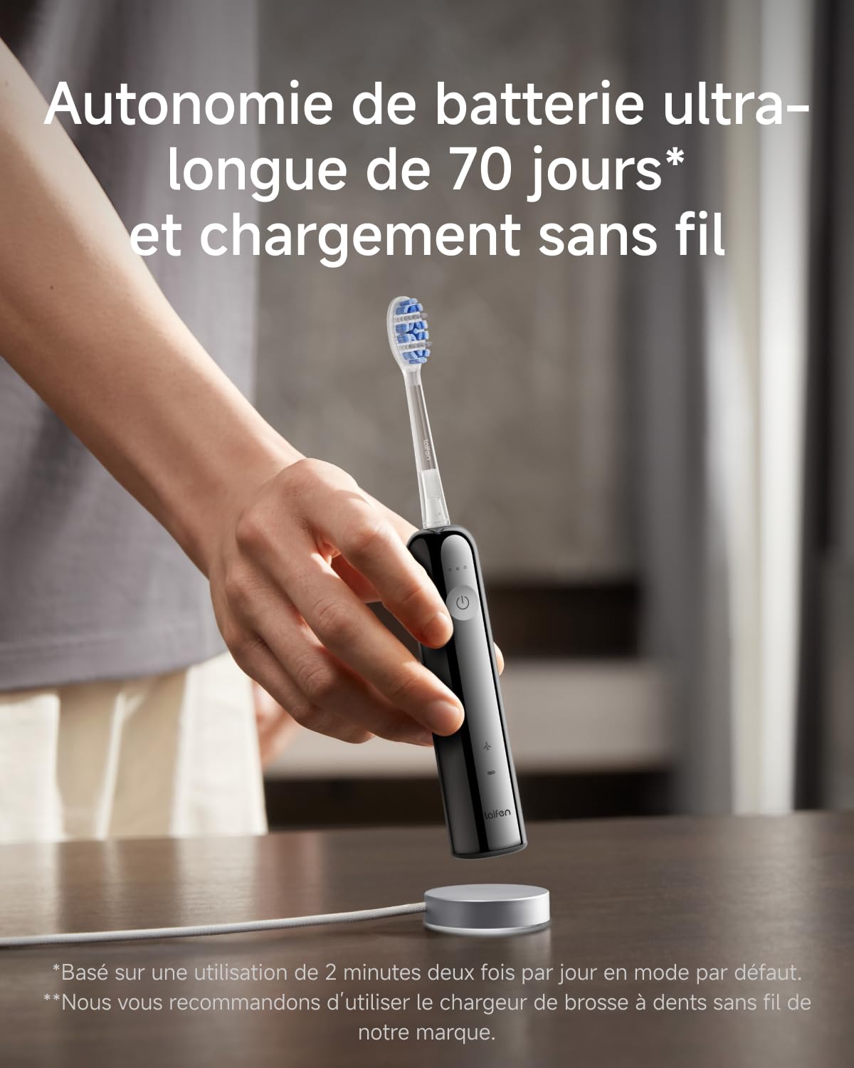 Laifen Wave Pro Brosse À Dents Électrique Technologie WaveMotion, 60° Oscillation 66 000 VPM, 70 Jours d'Autonomie, Capteur de Pression, Charge Sans Fil avec 2 Têtes Pro (Acier Inoxydable)