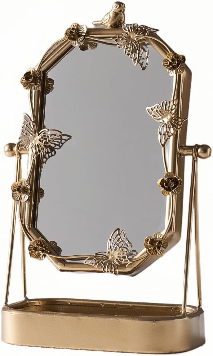 HSDDHOME Vintage Gold Tabletop Makeup Mirror, Bird & Butterfly Decorative Vanity Mirror, 12.8” x 8.2” Retro Metal Standing Mirror for Dresser, Bedroom, and Bathroom