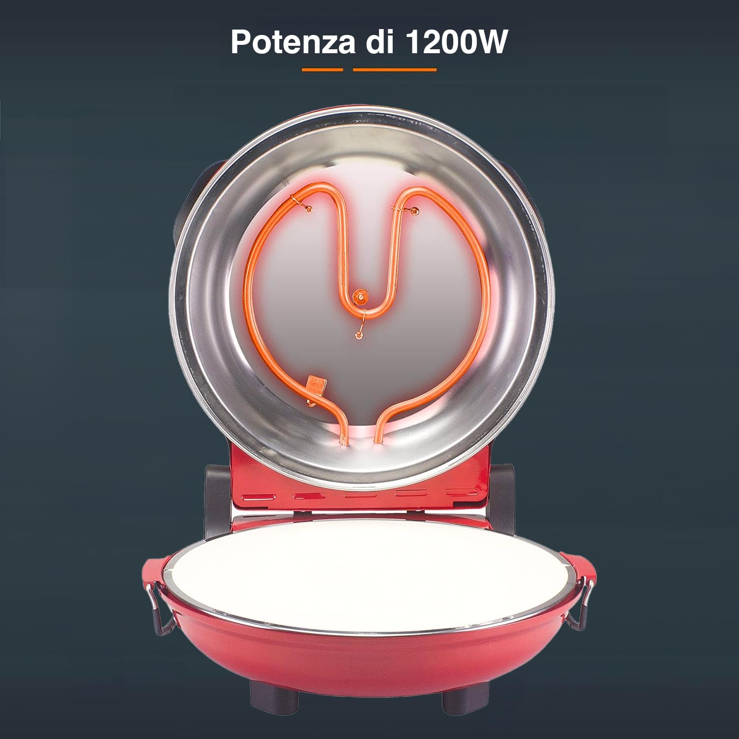 Forno per Pizza Elettrico Portatile con Timer Regolabile - Fornetto Tondo per Pizza Manici Termoisolanti e Base Removibile, in Metallo Anti-Riscaldante, 35x43.5x18.5cm, 1200W, Rosso