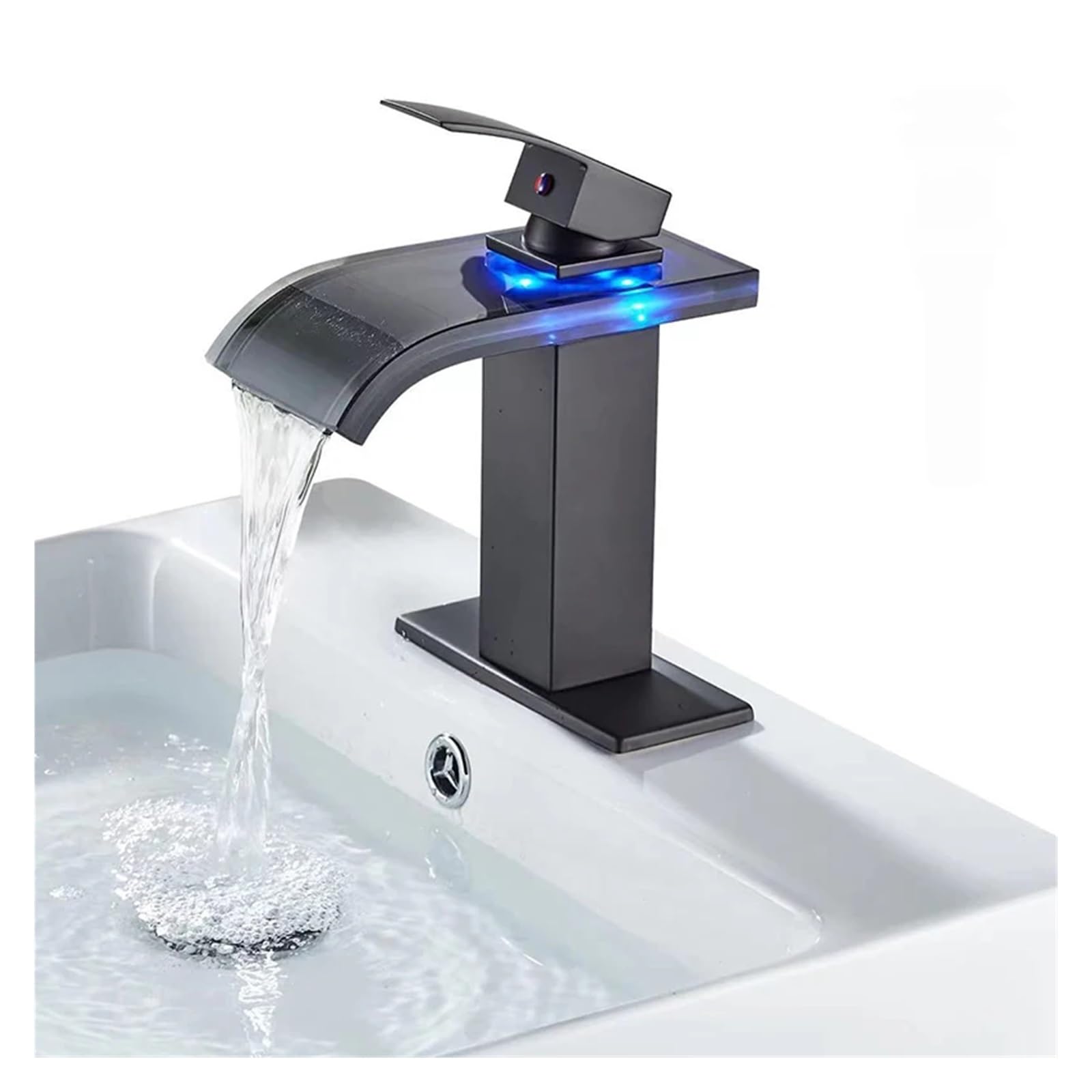 Grifo de lavabo LED negro en cascada con sistema hidráulico inteligente sobre encimera de vidrio