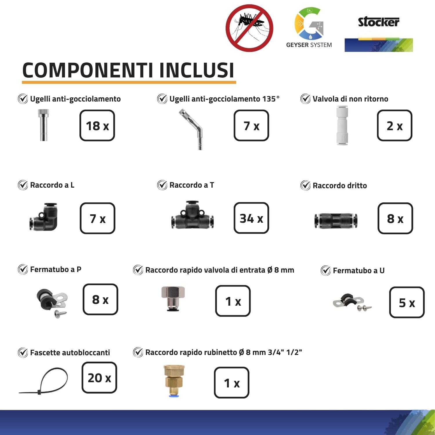 STOCKER - Kit Geyser Pro Completo 41502 - Sistema Antizanzare Automatico WiFi 240W 12 Bar, Copertura fino a 970 m² Estendibile a 3600 m², 125 m Tubo, 10 L Liquidi, Alimentazione 220V