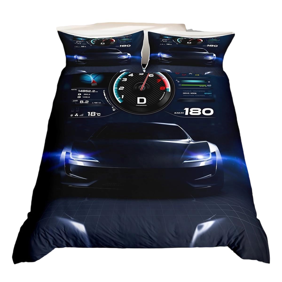 Parure de lit double voiture de course Homewish avec housse et 2 taies noir et bleu