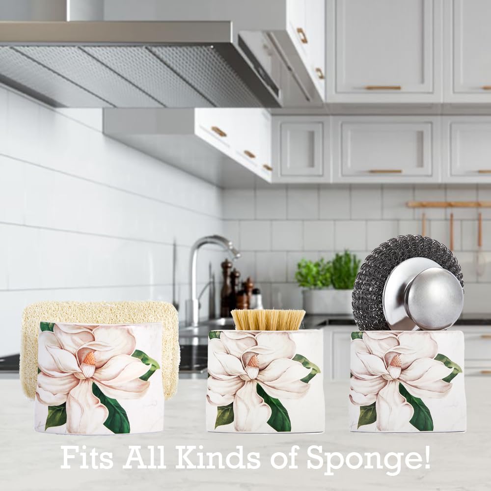 Magnolia Floral Sponge Holder - Ceramic Sink Organizer -6 Magnolia Floral Sponge Holder - Ceramic Sink Organizer -6