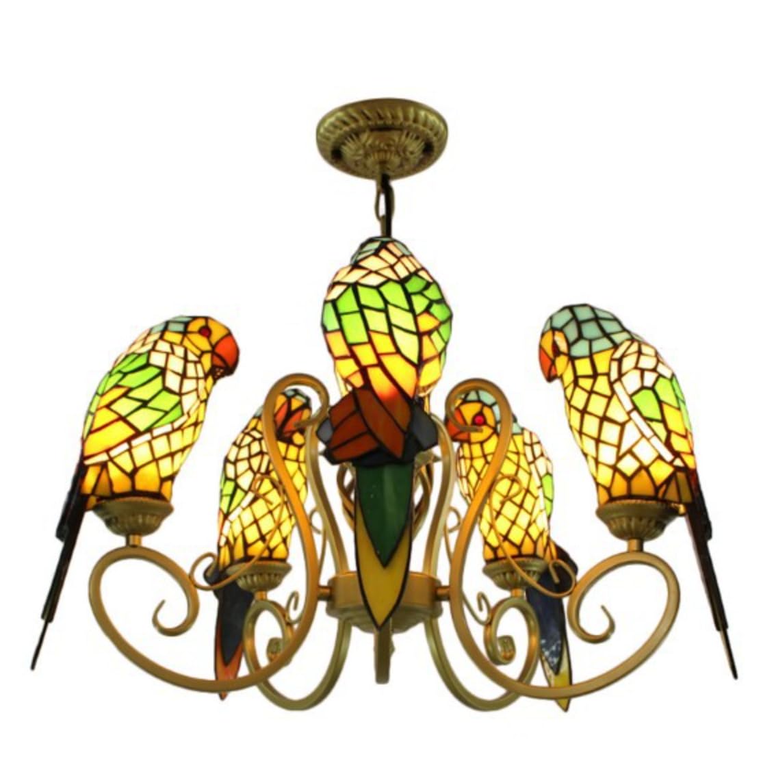 OUBBDVRT Vintage Stained Glass Chandelier Tiffany Parrot Light 5 Heads Bird Pendant Light Multi Colored Victorian Parrot Chandeliers for Dining Room Bedroom Foyer, Red