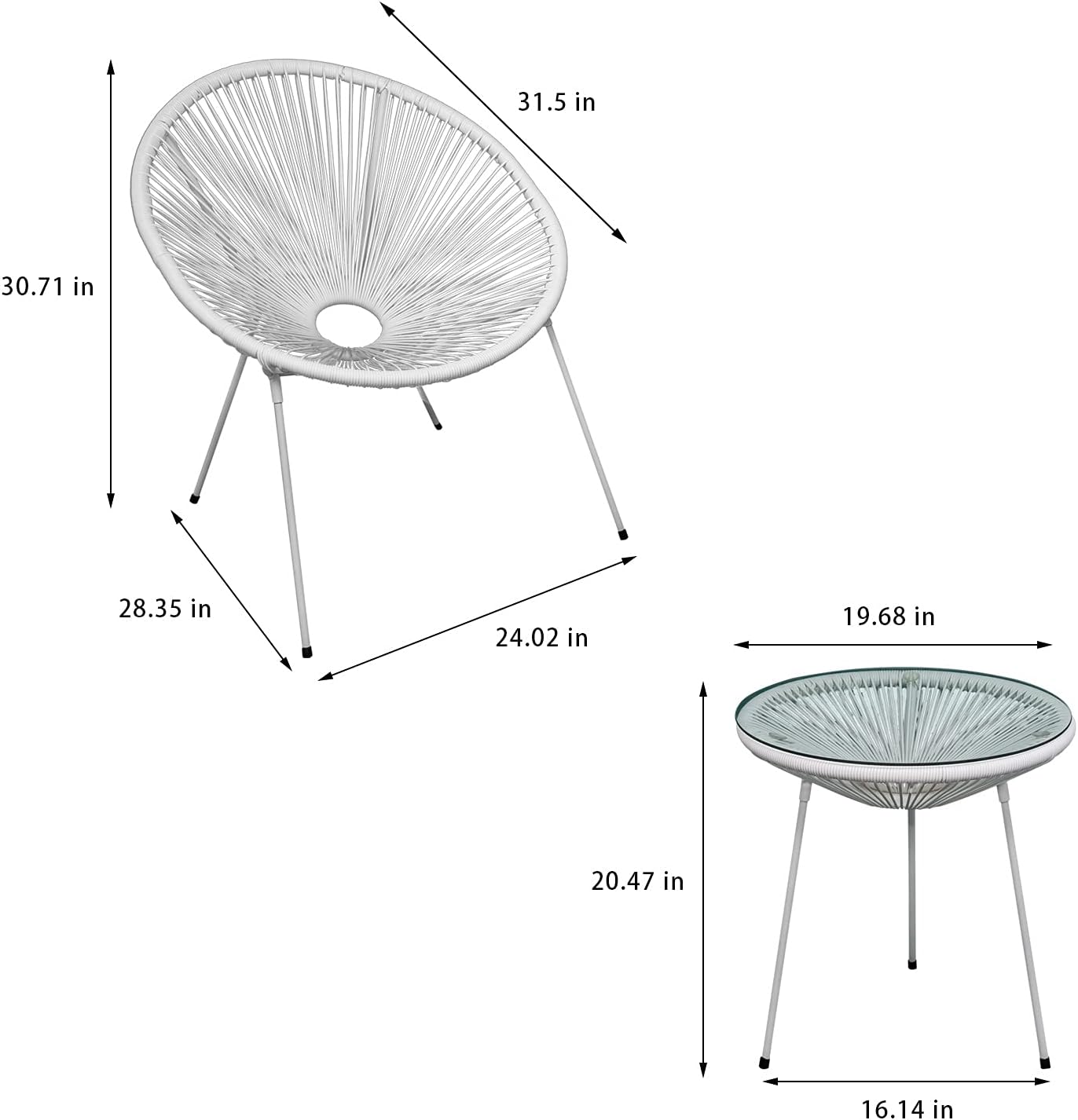 3-Piece Outdoor Acapulco Chair All-Weather Modern Patio Furniture Set w/ 2 Plastic Rope Chairs and Glass Top Table for Indoor and Outdoor (White)