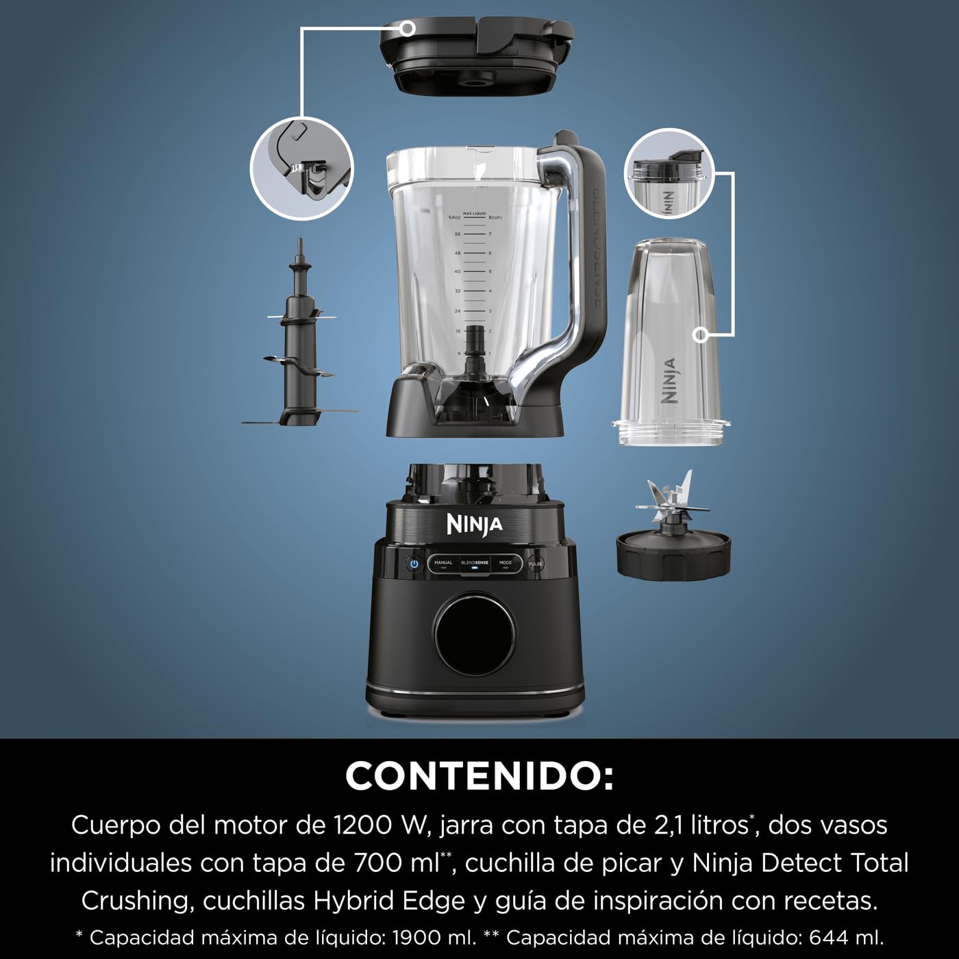 Ninja Detect Power Pro, Batidora 2 en 1, 1200W, Negro, TB301EU | Con Jarra de 2L (Capacidad Máx. 1900Ml) y 2 Vasos, para Smoothies, Picar Verduras y Mezclar Bebidas Congeladas