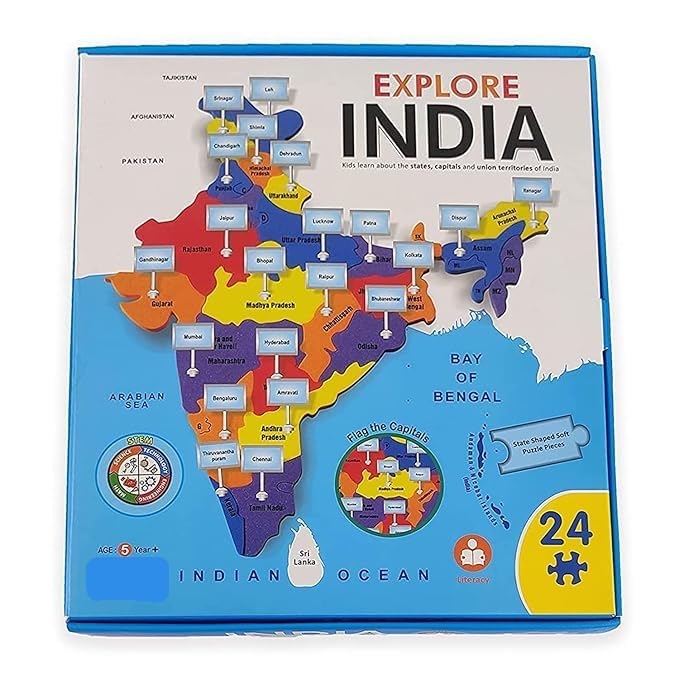 Image of Explore India Map Puzzle for Kids | India Map with State Capitals | Puzzle Foam Map for Educational | Jigsaw Puzzle and Learning Aid Games for Kids | Foam Puzzle Games | 24 Pieces - Blue
