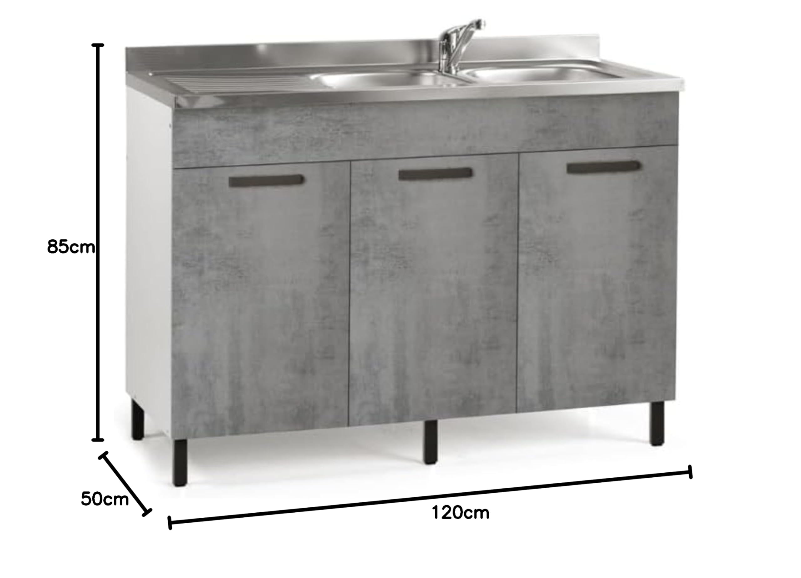Sottolavello 120 con Lavello e Miscelatore Cucina con 3 Ante in Legno Made in Italy H85xL120xP50 cm Facile da Montare (Vasca e Destra, Cemento)