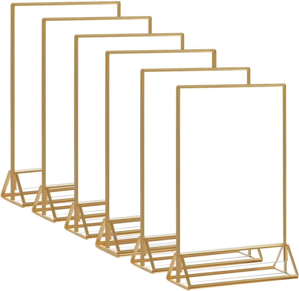 SZYYQ 6 Pieces Clear Acrylic Table Card Holder, Double Sided Frame, with Gold Border and Removable Vertical Stand, for Photo Display, Wedding Table Number, Restaurant Sign, Menu Holder (5 x 7 inches)