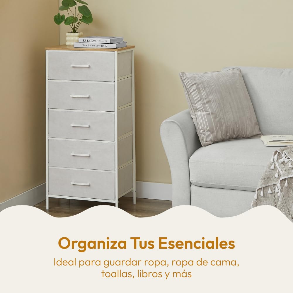 CASABEL cómoda Alta y Estrecha Blanca, 5 cajones de Tela rígida, Metal Blanco y Tablero, 45x30x94cm, cajonera para Dormitorio, salón, recibidor o Pasillo, sinfonier Funcional y práctico