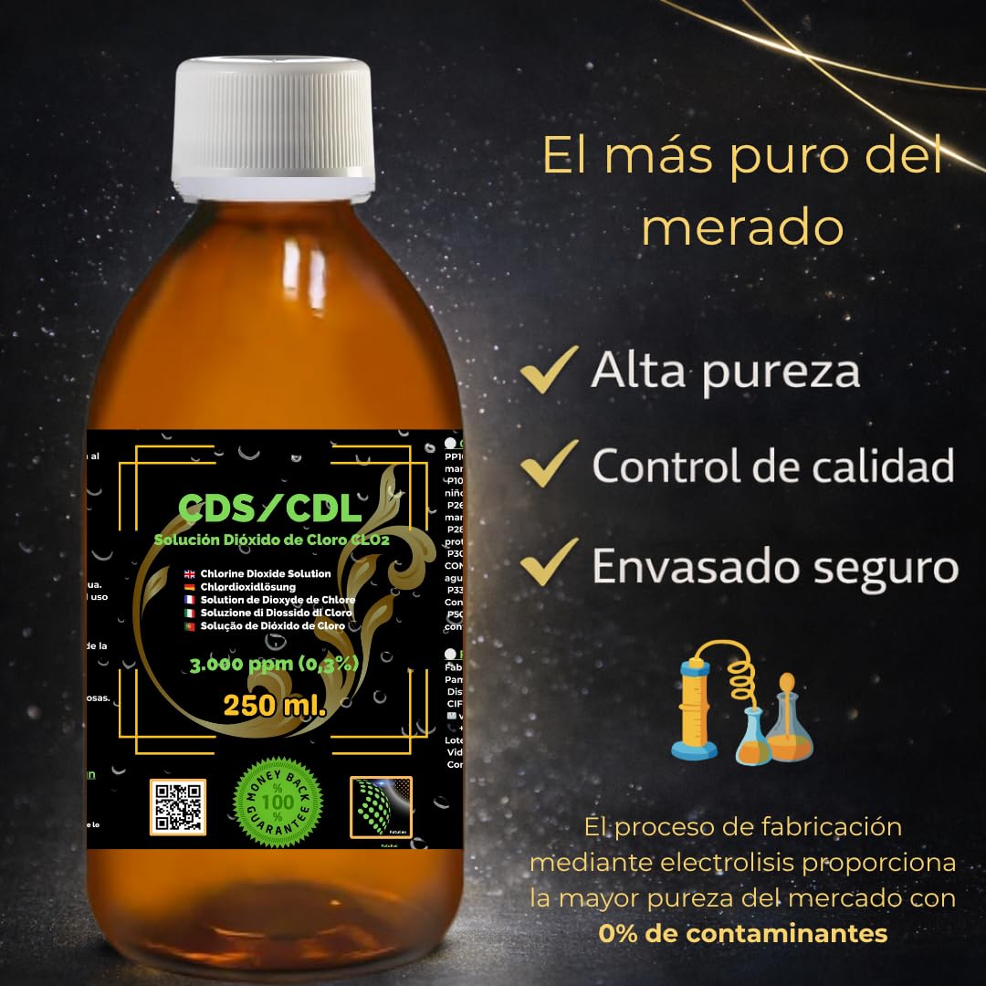 CDS/CDL 3 000 ppm | Lot de 2 x 250 ml - (500 ml) - Solution de dioxyde de chlore dans une bouteille en verre ambre avec bouchon de sécurité et doseur en cadeau | Haute pureté