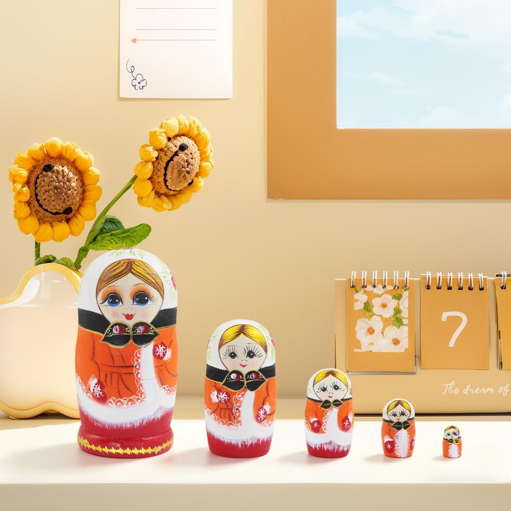 Ensemble de 5 poupées Russes Matriochka « Fille aux Fleurs Orange », représentant Une Fillette Traditionnelle Portant des Gants. Décoration à empiler, pour Un Anniversaire ou Une fête d'e