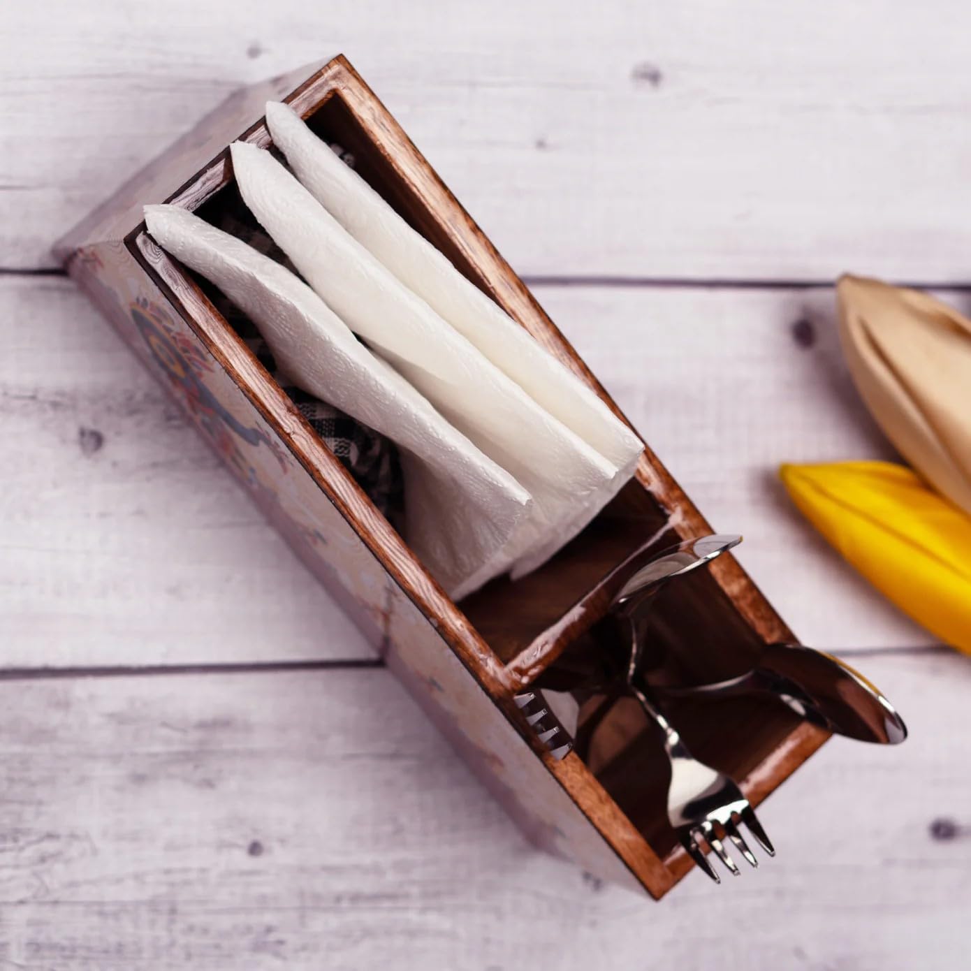 Wooden Serving Bowl with Gold Salad Servers, Large | Or | Wooden Tissue Box and Cutlery Holder, Kitchen Organizer 1