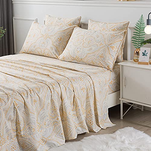 Fadfay HU-XI-201 Luxury Sheets Set Queen Classical Damask Paisley Bedding Luxurious Gold Classy Paisley Bed Sheet Set Breathable 100% Cotton Ultra Soft Hypoallergenic Deep Pocket Fitted Sheet 4Pcs thumb #1