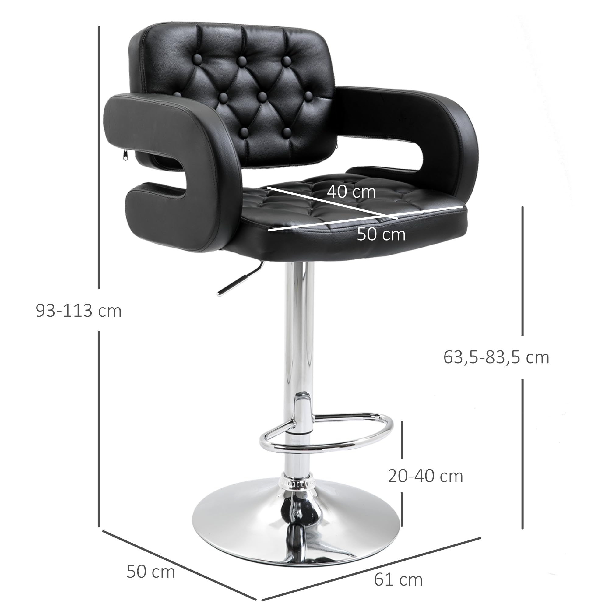 HOMCOM Tabouret de Bar pivotant à 360°, Chaise de Bar réglable en Hauteur avec Dossier rembourrée, Repose-Pieds et accoudoirs, Chaise Haute Cuisine en PU et métal pour Salle à Manger, comptoir, Noir