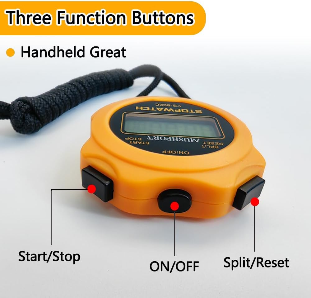 Close-up image of the MUSHPORT stopwatch highlighting the three function buttons: Start/Stop, ON/OFF, and Split/Reset.