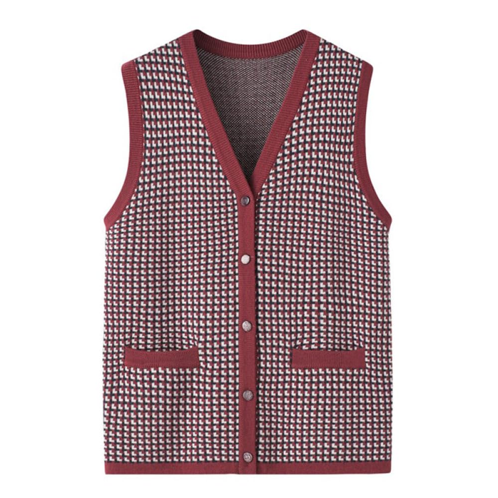 Damen Kaschmirpullover,Ärmellos,V Ausschnitt,Gitter Strickweste,Vintage Cardigan Mit Knöpfen In Rot,Strickjacke,Weste,Jacke,Tank Top,Lässige Streetwear Weste Mit Tasche