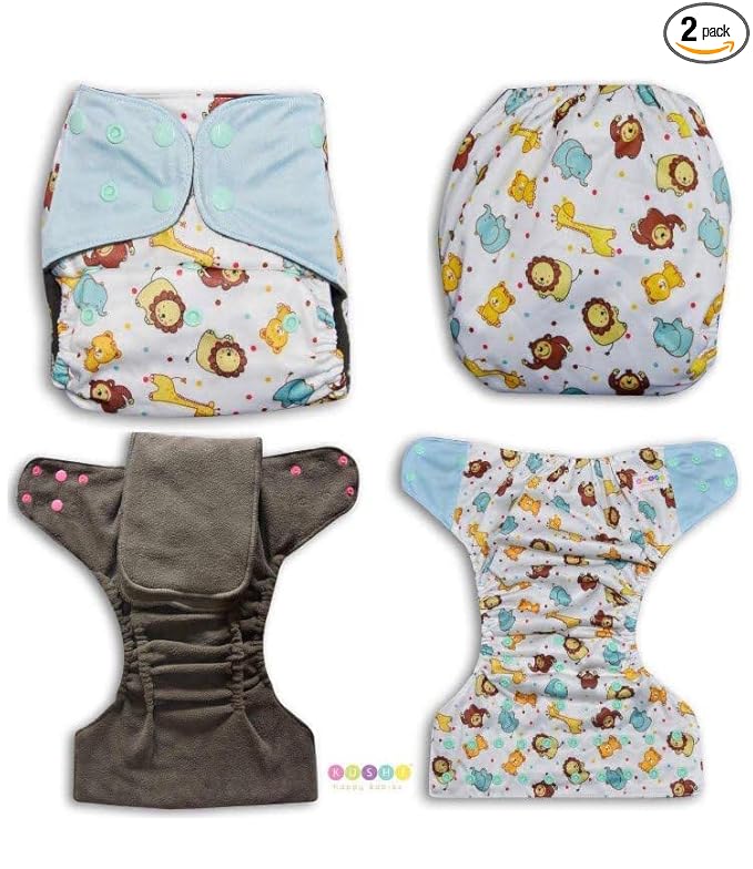 Bamboo Charcoal Double Gusset Pocket Style Cloth Diapers with 4 Layers Bamboo Charcoal Insert - One Size (Tiny Animals)