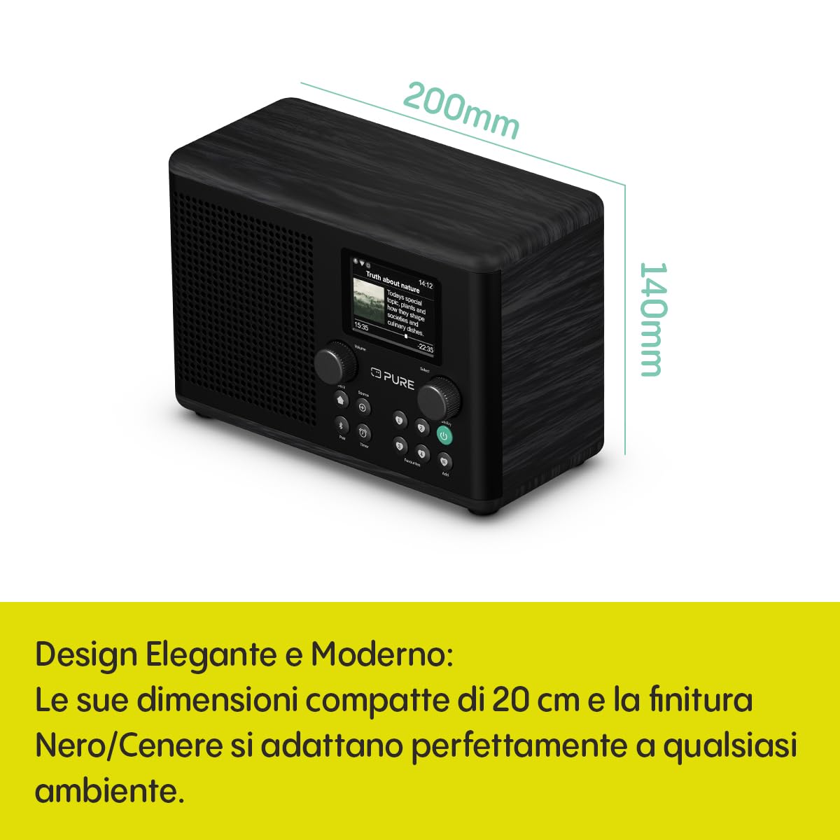 Radio Internet Pure Classic H4i WiFi DAB+ FM Bluetooth 5.3 USB Altoparlante 10W Schermo 2,4" Nero