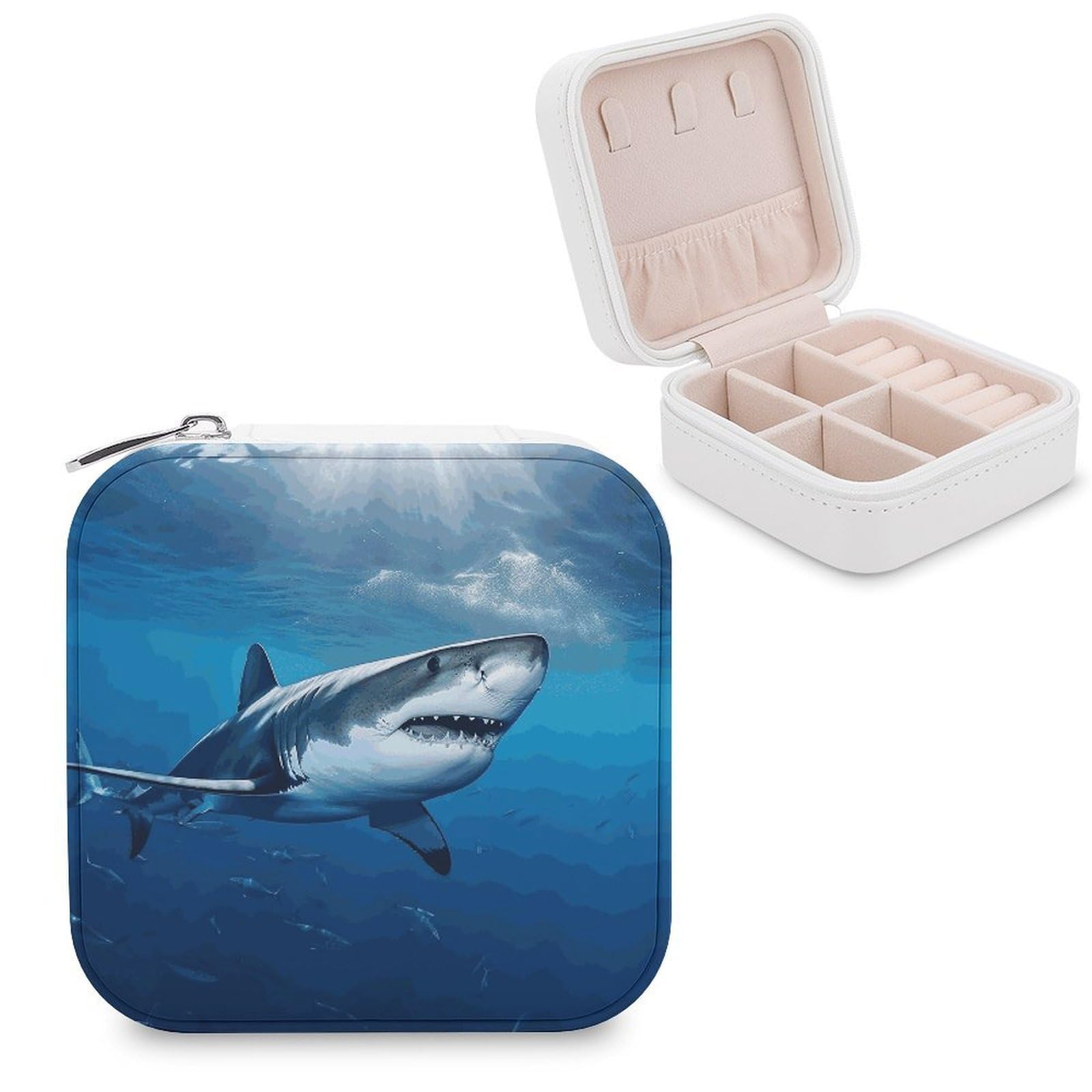 MUSM Ocean Sea Animal Shark Travel Jewelry Case Personalized PU Leather Jewelry Boxes for Women Small Portable Jewelry Organizer Box Cute Trinket Box for Necklaces Rings Earrings & Gifts