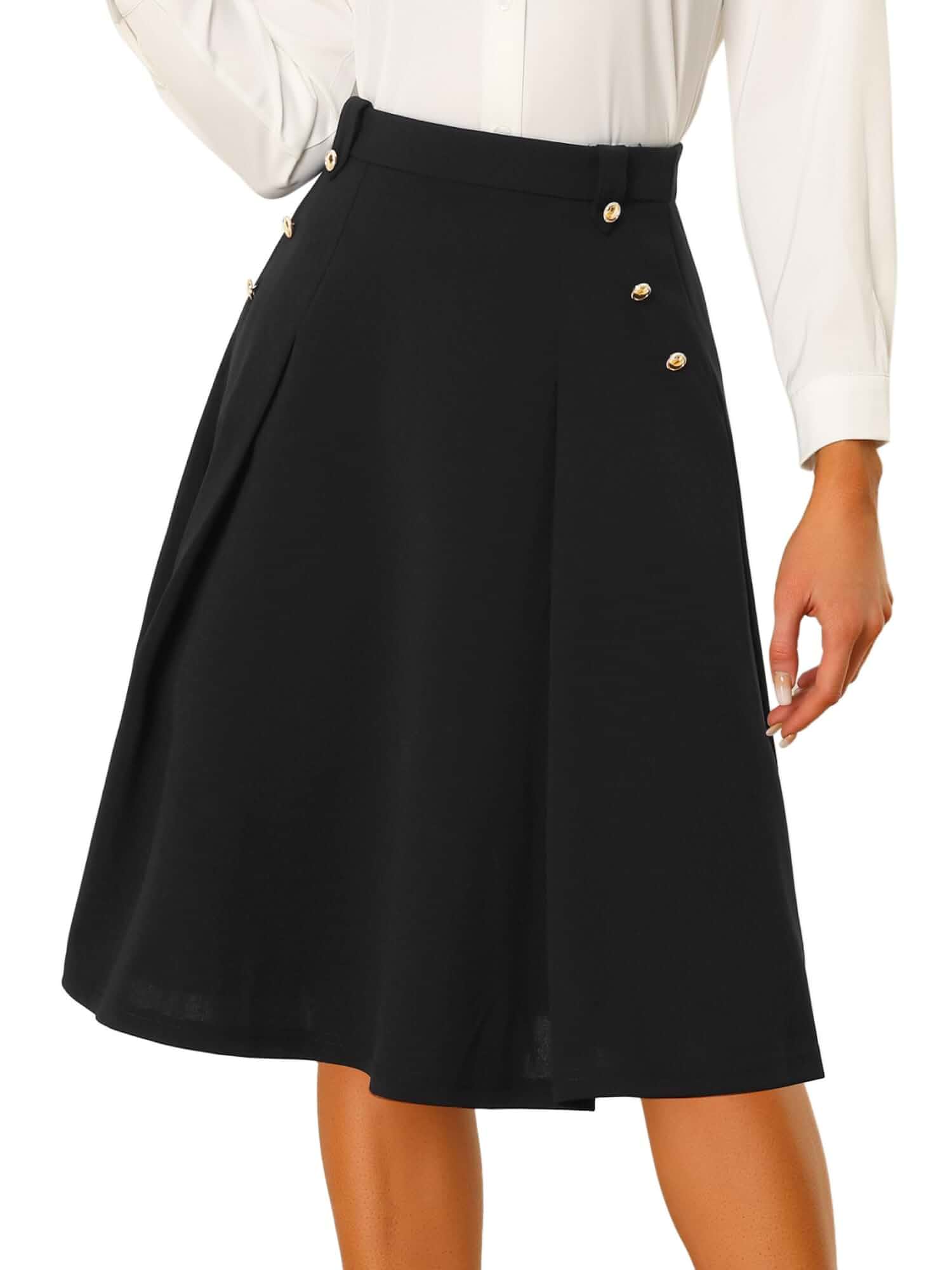 Allegra K Women Vintage High Waist A-Line Pleated Midi Business Skirt Flared silhouette. Hidden button. Suitable for daily, casual, dating, school, picnic, work, office.