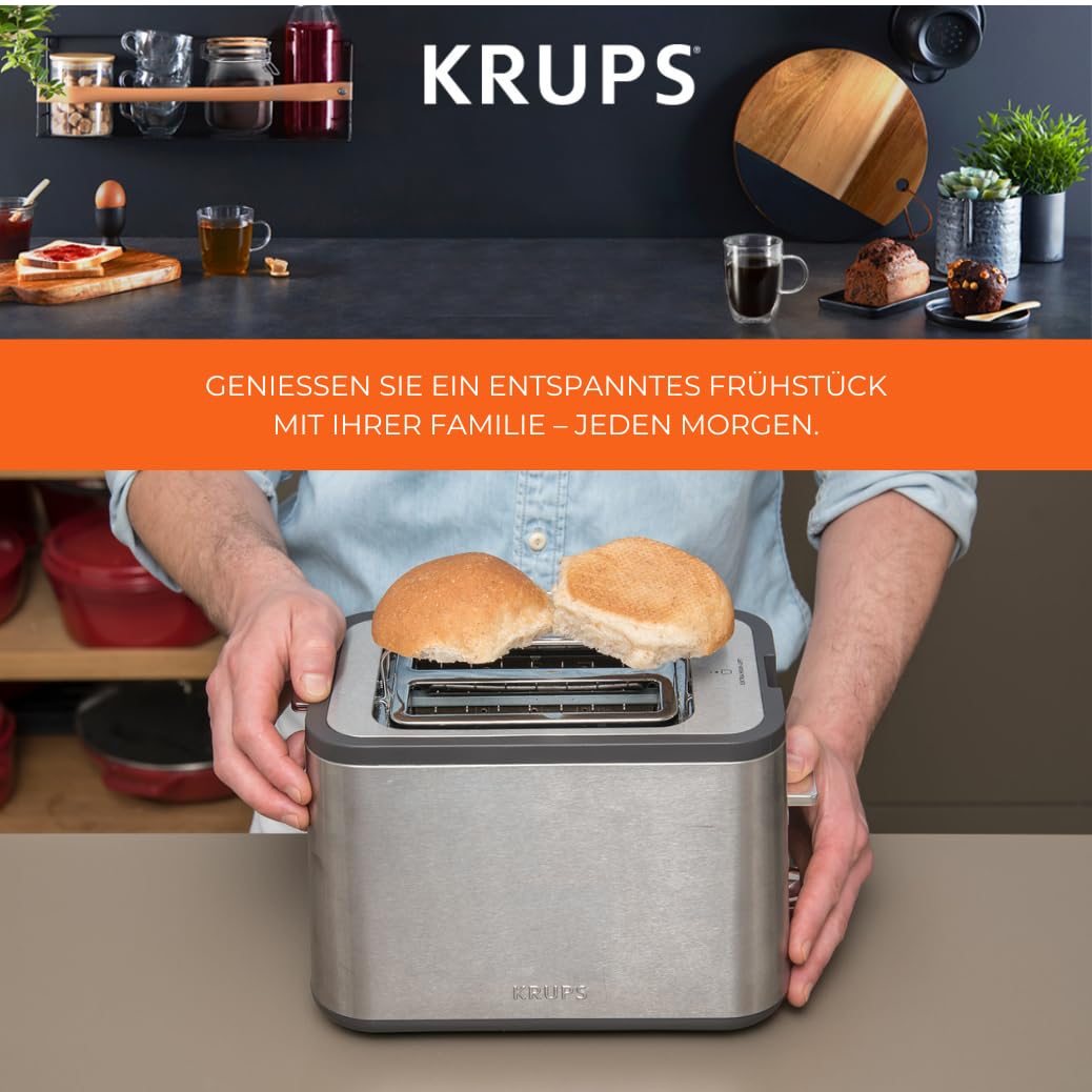 Krups KH442D Control Line Premium Toaster, Edelstahl, 2 kurze Schlitze für 2 Scheiben, Brötchenaufsatz, 6 Bräunungsgrade, 850 W, 23.6 x 32.4 x 20.2 cm, Silber/ Schwarz