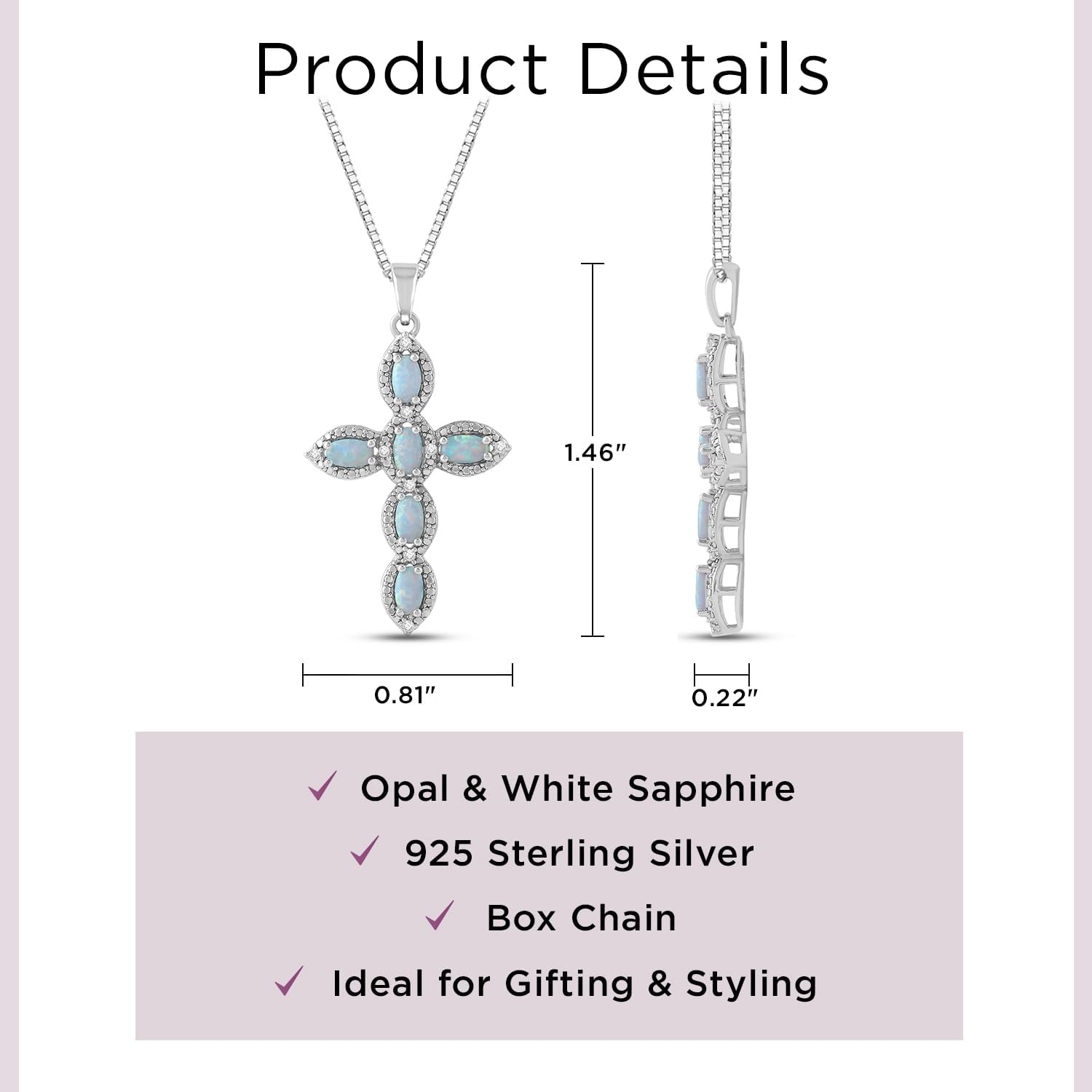 Jewelili Cross Pendant Necklace in Sterling Silver with Oval Shape Created Opal or Created Ruby or Created Pink Sapphire and Round Created White Sapphire, 18” Box Chain