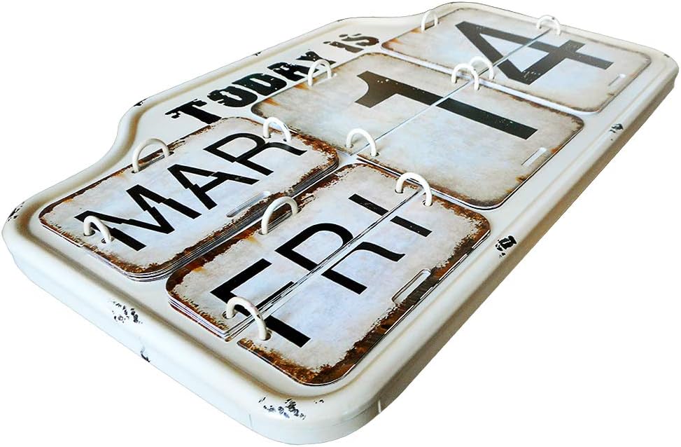 Archi Shabby Chic Metal Perpetual Flip Calendar Permanent Calendar Square Shape Distressed Finish Wall Hanging-Reproduction Antique Railroad (012, White)