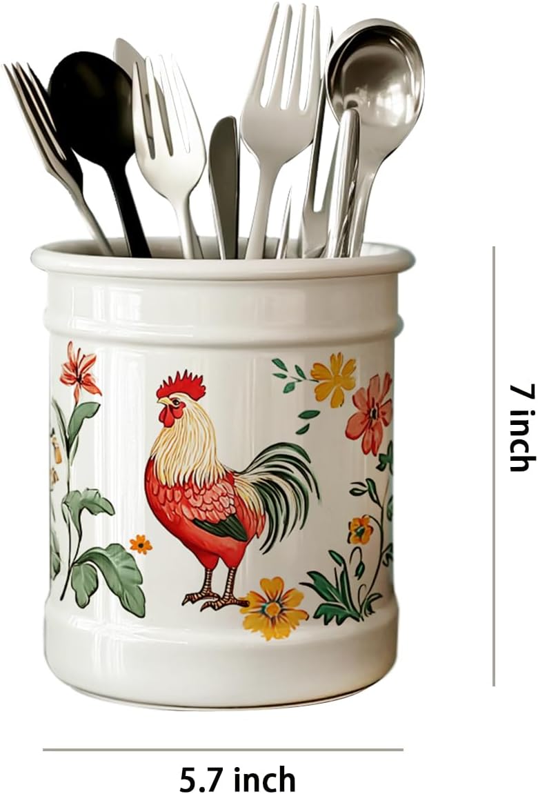 Ceramic Rural Rooster Pattern Kitchen Utensil Holder, Large Cooking Utensil Crocks, Ceramic Utensil Organizer for Spatula, Kitchen, Home Decoration