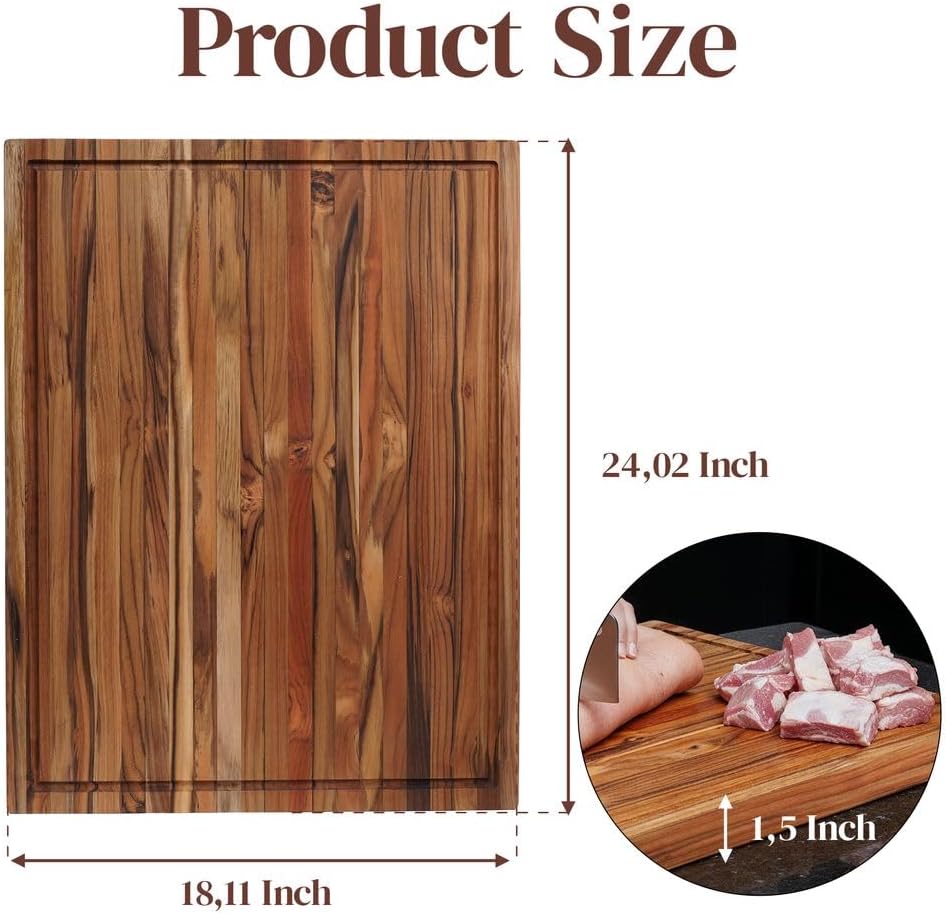 Extra Large Teak Wood Cutting Board 24x18 Inch for Meat, Brisket & Professional Kitchen Prep, 1.5" Thick Edge Grain Butcher Block with Deep Juice Groove & Handle, Non-toxic Board by New M Way
