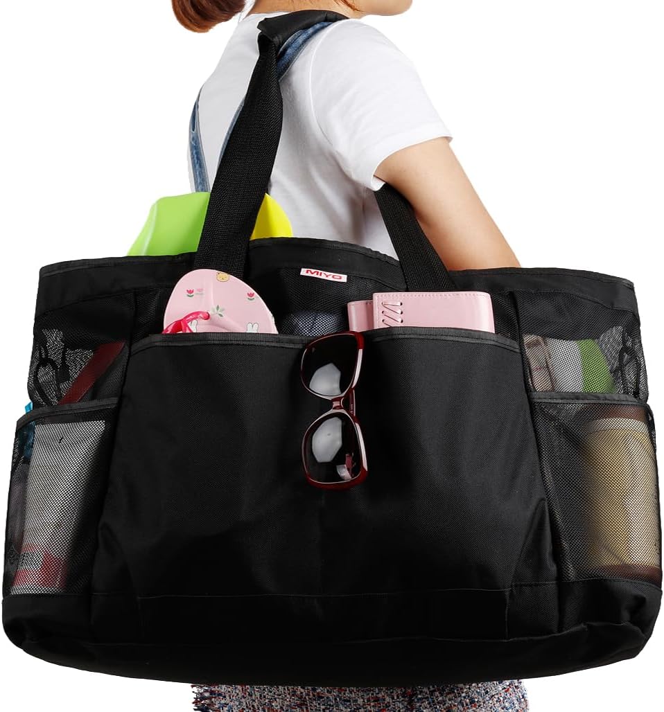 MIYO Beach Bag, Mesh Beach Bag, Women's Tote Bag, Beach Mesh Bag, Large Capacity Beach Organizer with Zipper and 9 Pockets, Waterproof and Sandproof Foldable-Black