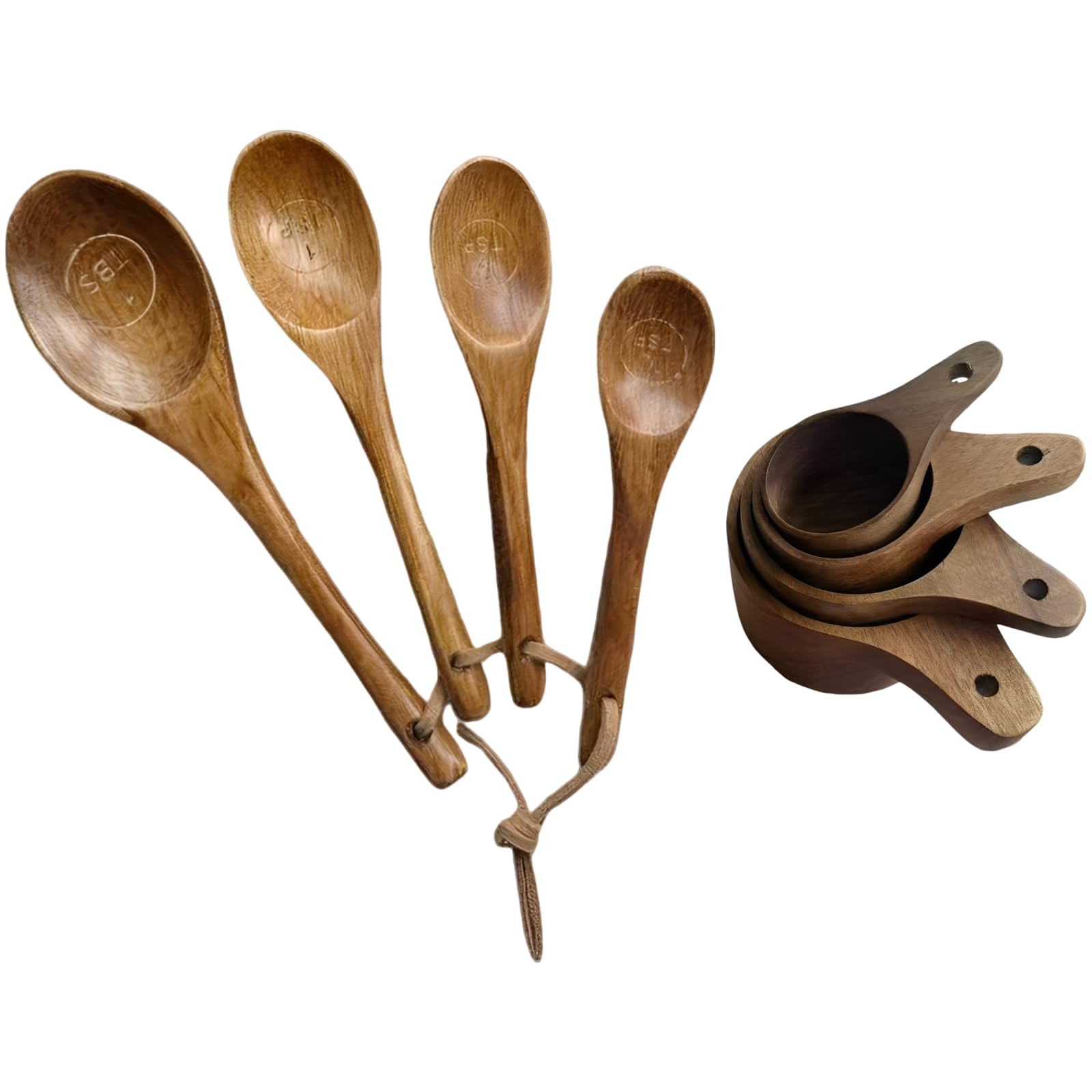 Tasses et cuillères doseuses en bois, lot de 8, tasses en bois d'acacia, cuillères en bois de hêtre, marquages gravés, design emboîtable pour rangement facile, idéal pour cuisiner et pâtisser