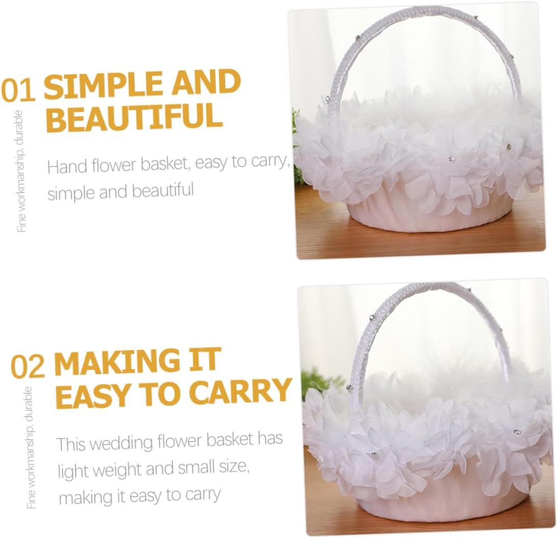 Wedding Flower Girl Basket with Handle Lace Floral Design White Wedding Ceremony Party Supplies Basket for Flower Girl