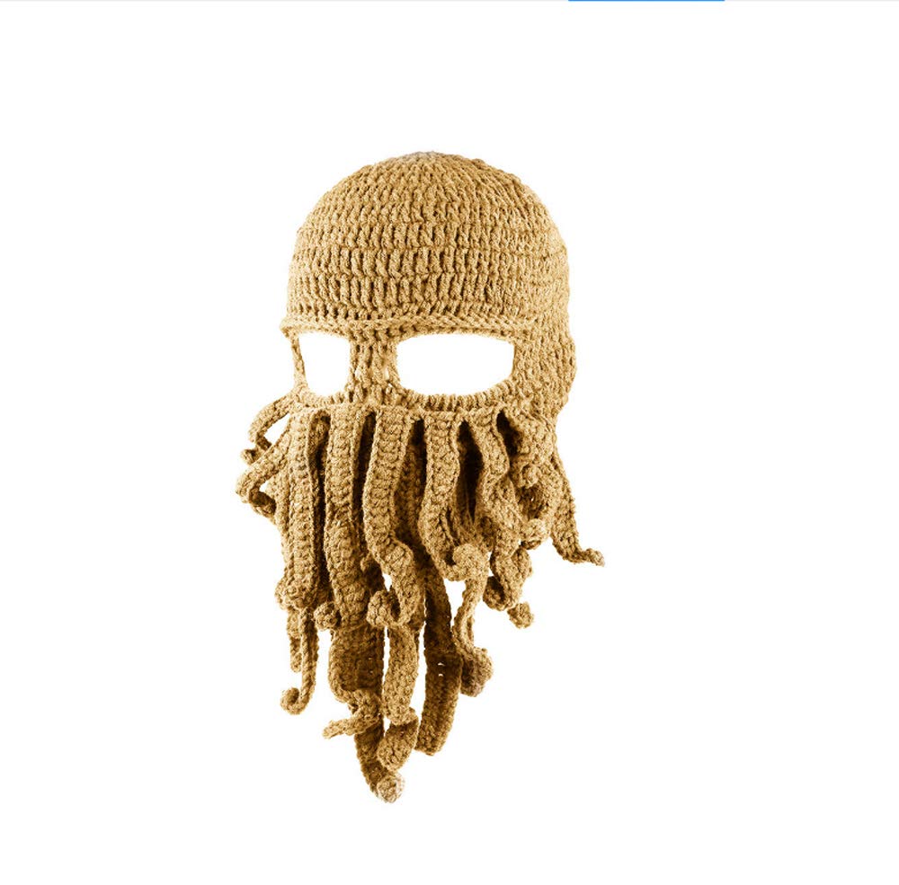 Unisex Tentacle Octopus Cthulhu Knit Beanie Windproof Beard Ski Mask Hat (Khaki)