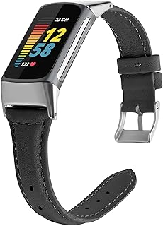 NINKI Slim Bands Compatible Fitbit Charge 5 Bands Leather,Adjustable Soft Small Charge 5 Fitbit Band Replacement Bracelet Wristband for Charge 5 Bands Black for Men Women Fitbit Charge5 Watch Bands