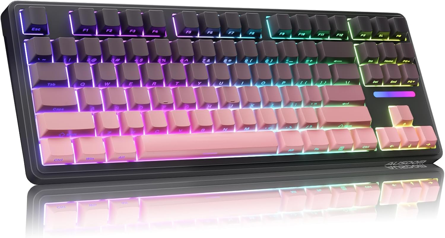 AUSDOM Wireless Mechanical Gaming Keyboard: 5000mAh Battery Tri-Mode 2.4G/BT5.3/USB-C Hot Swappable Custom Keyboard with RGB Backlit, Side Printed PBT Keycaps, 15-Layer Gasket Structure, Black Pink