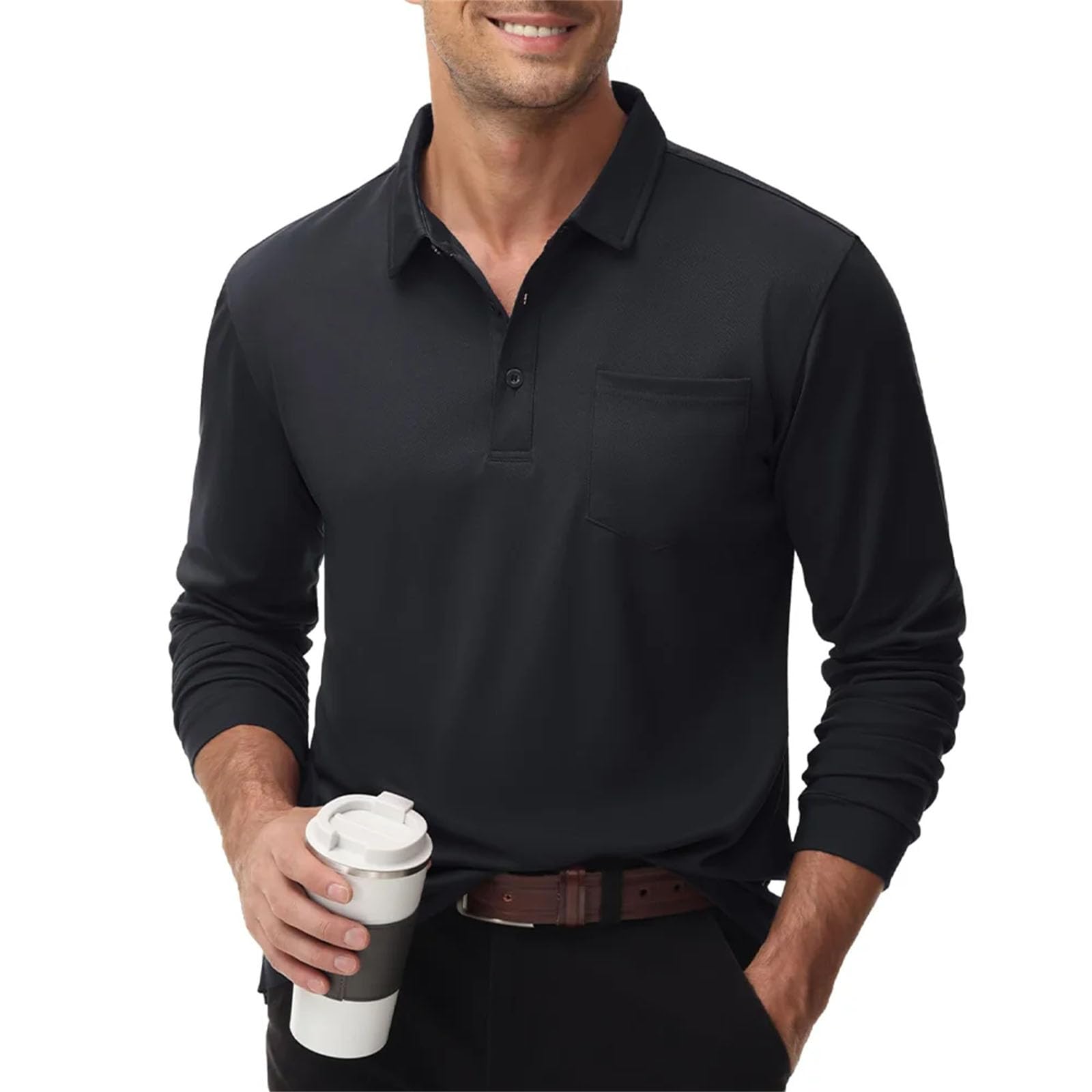 Polo de manga larga para hombre, con bolsillo en el pecho, informal, ligero, transpirable, para golf