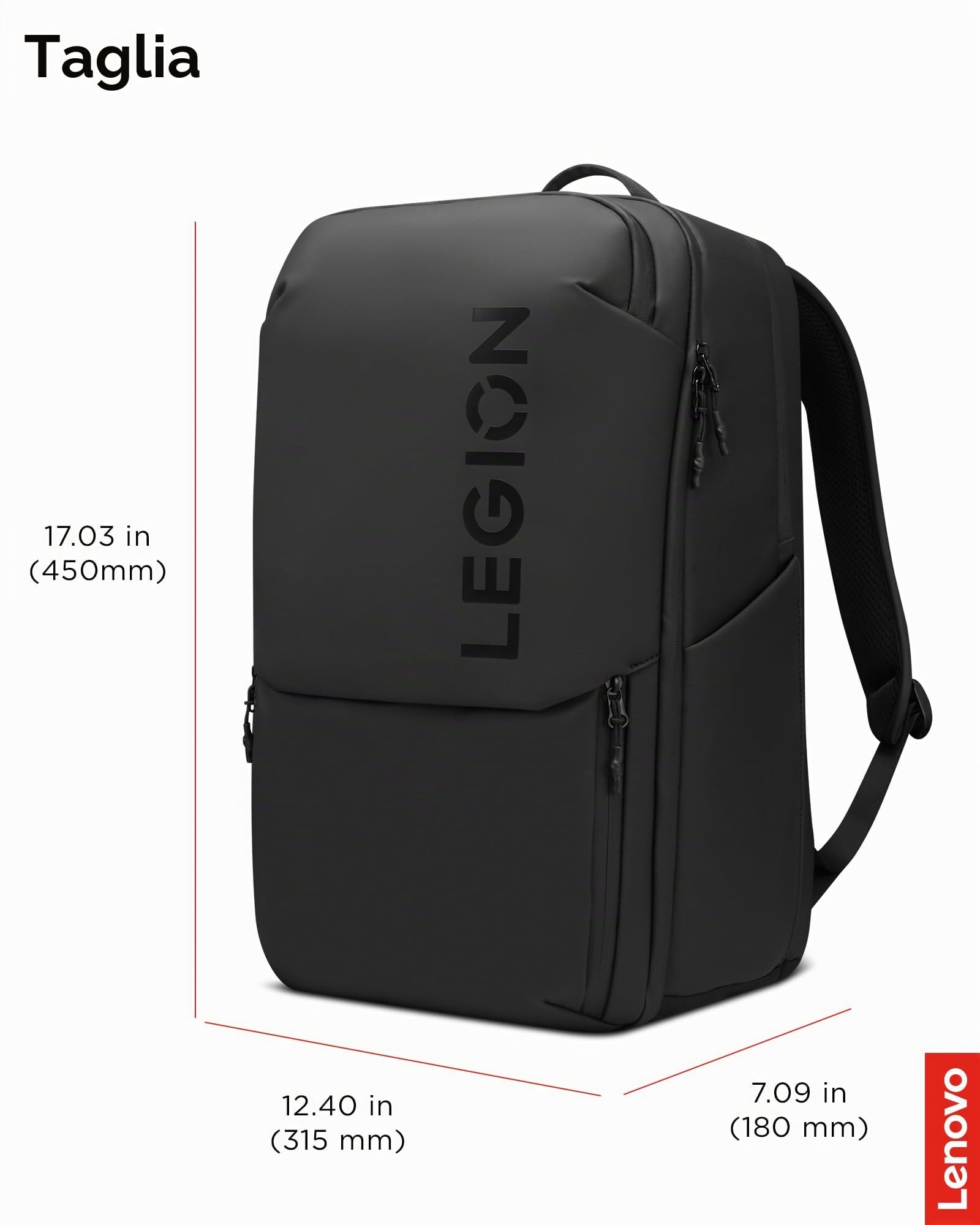 Lenovo - Zaino Gaming Legion 17" GB800 (impermeabile, capacità fino a 21 litri, apertura a 180°, tasche per computer, tablet, bottiglie d'acqua, cinghie ergonomiche) - Colore nero